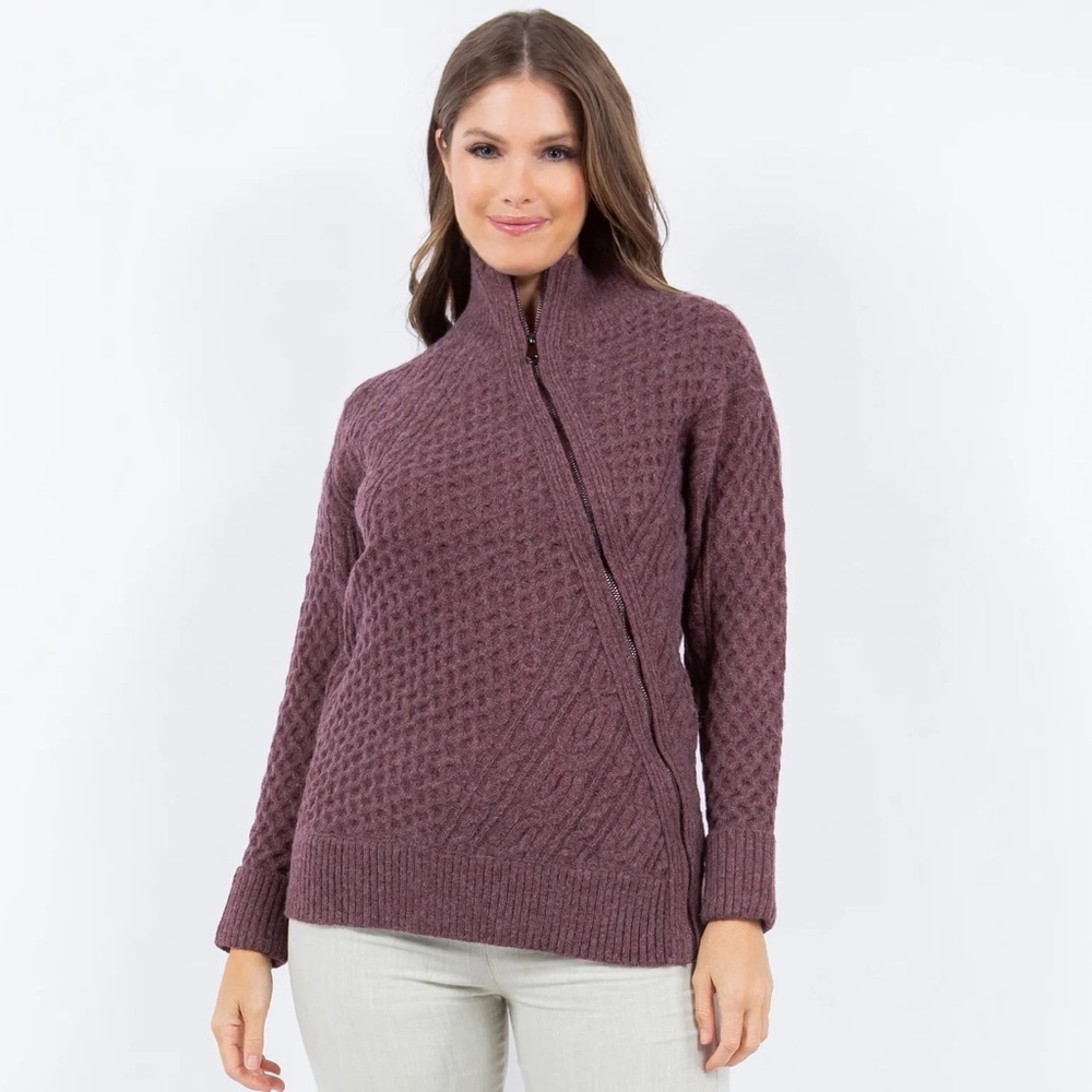 M. RENA Asymmetrical Zip Up Mock Neck Sweater in Plum Purple​